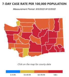 Title: 7-Day case rate per 100,000 population from 9/5/2022 to 9/12/2022. 16 of 39 counties have had 100+ cases per 100 thousand people. Counties that don’t fall into this category are Whatcom, Island, Snohomish, Skagit, Clallam, Pierce, Kitsap, Grays Harbor, Jefferson, Lewis, Thurston, Pierce, Cowlitz, Lincoln, Stevens, Adams, Pend Oreille, Ferry, Pacific, Klickitat, Clark, Asotin, Skamania, Whitman, Kittitas, Okanogan counties with 50 to 99.99 cases per 100,000 people, and Skamania, San Juan and Wahkiakum counties with 10 to 49.99 cases per 100,000 people.