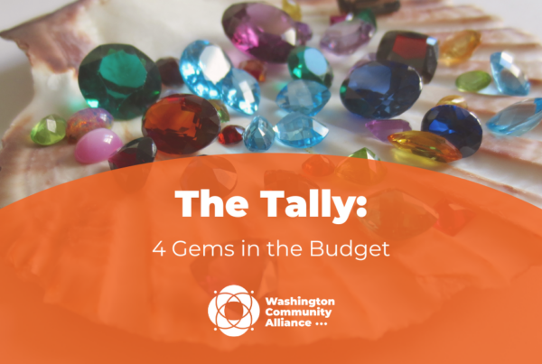 Photo of colorful gems sitting on a seashell with an orange semi-circle overlay and white text that reads "The Tally: 4 Gems in the Budget" and includes the Washington Community Alliance logo.