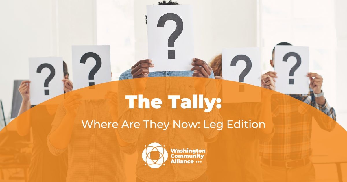 An orange semitransparent arch over a photo of five people with question mark masks that reads "The Tally: Where Are They Now: Leg Edition" in white text with the WCA logo.