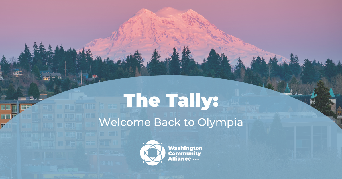Graphic of blog title "Welcome Back to Olympia" with a photo of Olympia, Washington in the background.