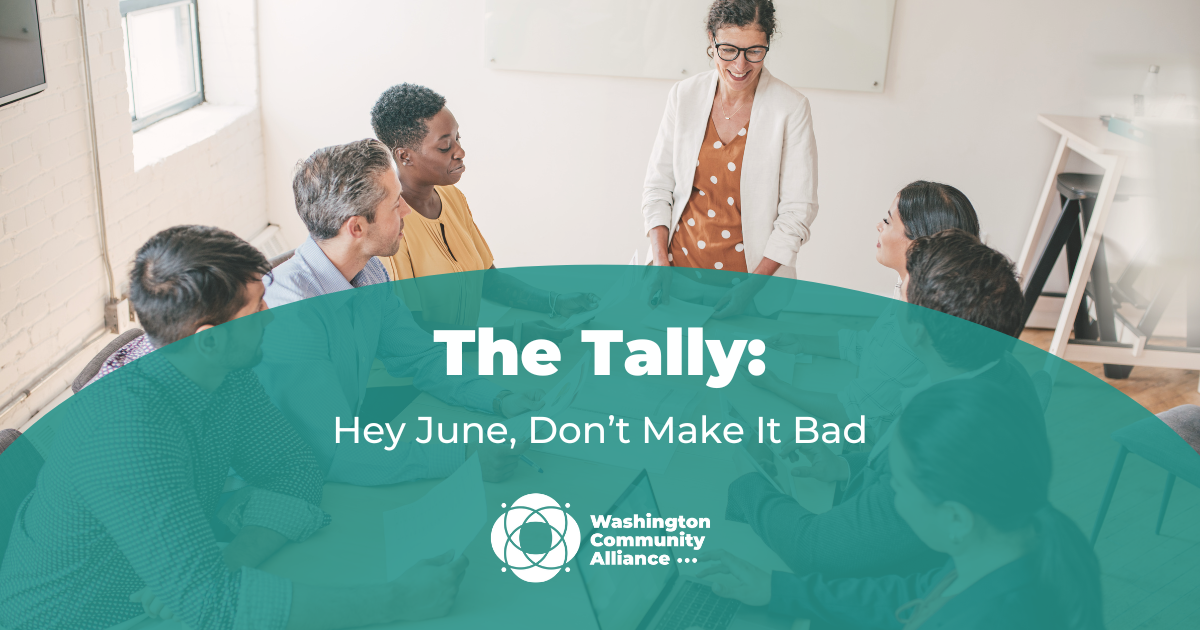Graphic of blog title "Hey June, Don't Make It Bad" with a stock image in the background of a group of coworkers led by a woman at the head of the table.