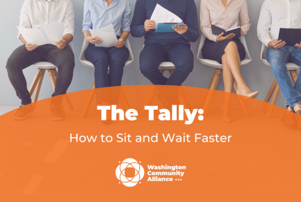 Graphic for The Tally blog titled "How to Sit and Wait Faster" with a photo in the background of five people sitting and waiting in chairs.