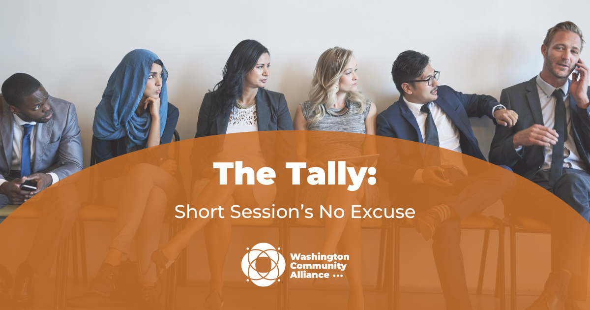 Graphic for WCA blog titled "Short Session's No Excuse" with a stock photo of six people waiting in chairs in the background.