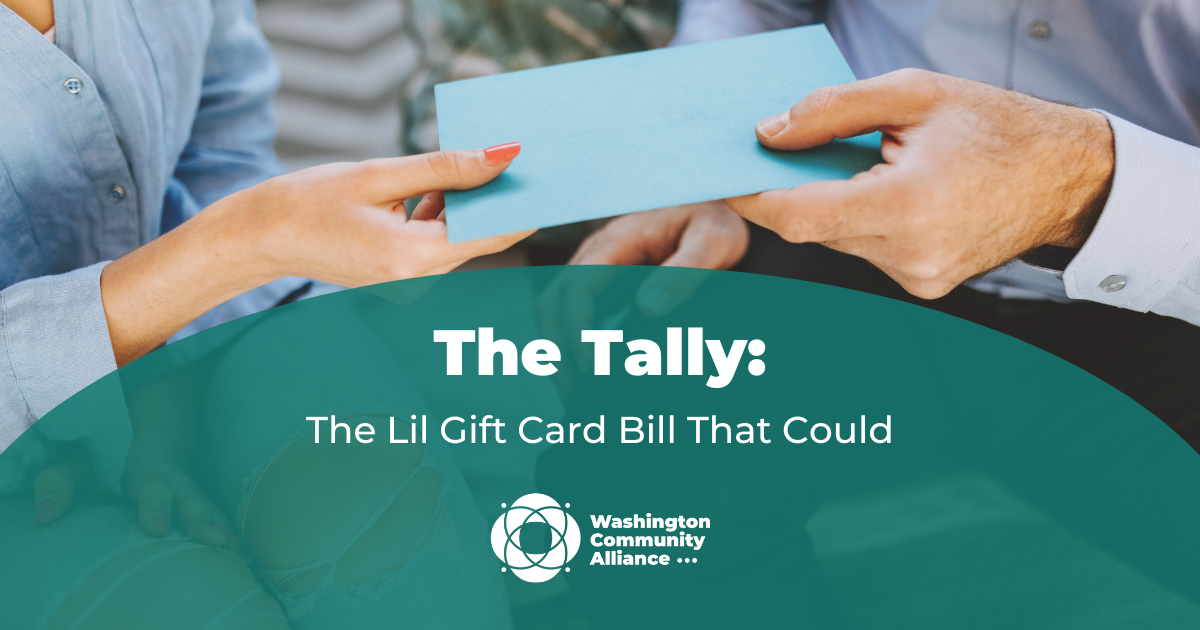 Graphic for WCA blog post titled "The Lil Gift Card Bill That Could" with a photo of two people exchanging a card in a blue envelope in the background.
