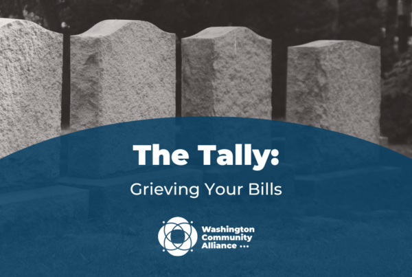 Blog graphic for The Tally: Grieving Your Bills featuring a greyscale image of four headstones in the background.
