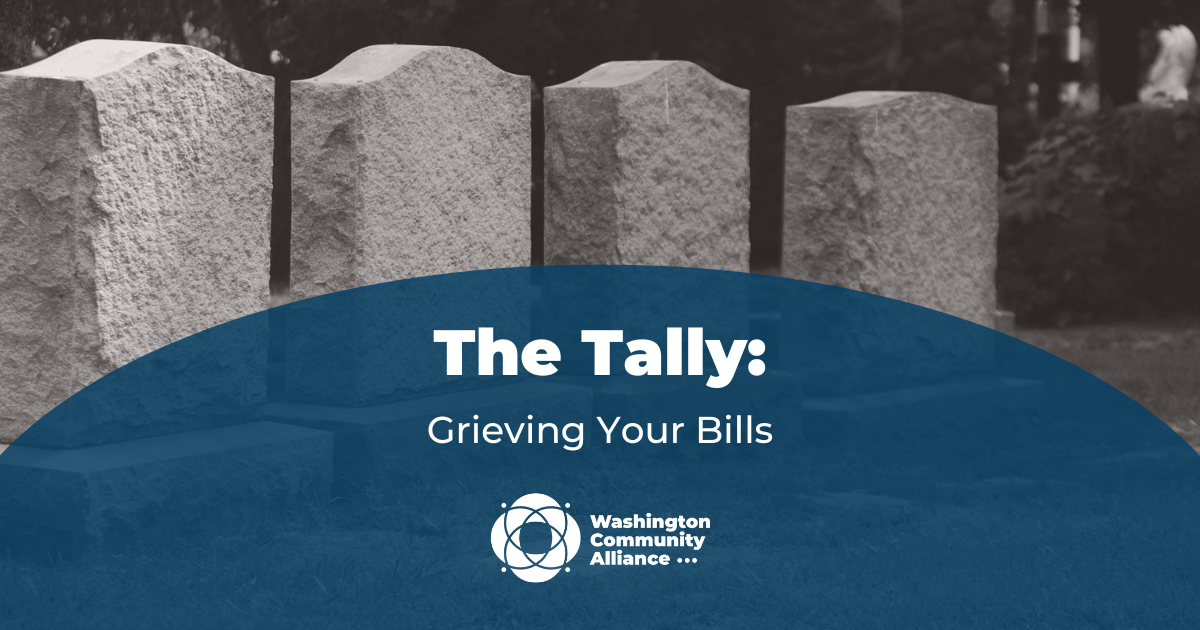 Blog graphic for The Tally: Grieving Your Bills featuring a greyscale image of four headstones in the background.