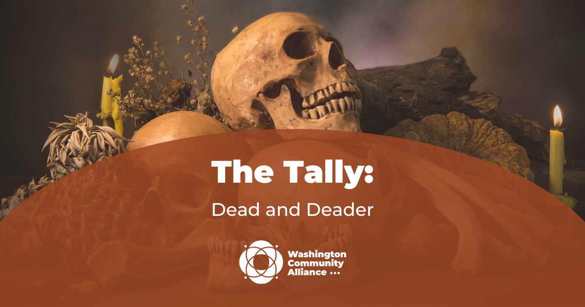 Graphic of Tally titled Dead and Deader with artistic photos of skulls and dried flora in background.