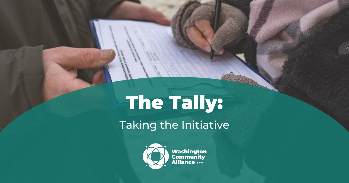 Graphic for The Tally blog titled "Taking the Initiative" with a photo of a gloved hand signing a signature collection sheet.