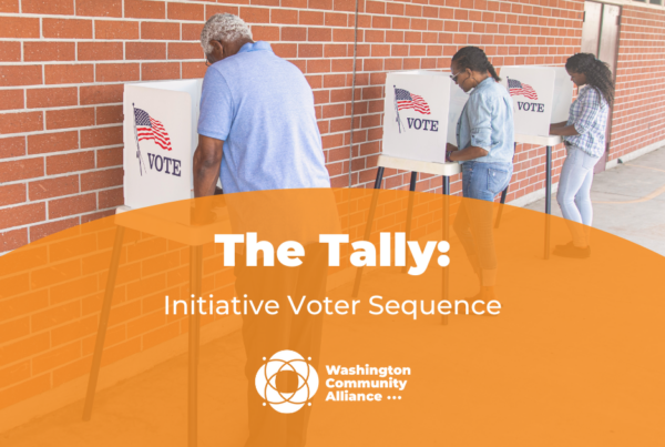 Graphic for The Tally blog titled "Initiate Voter Sequence" with a photo of three people of color voting at voting booths in front of a brick wall.