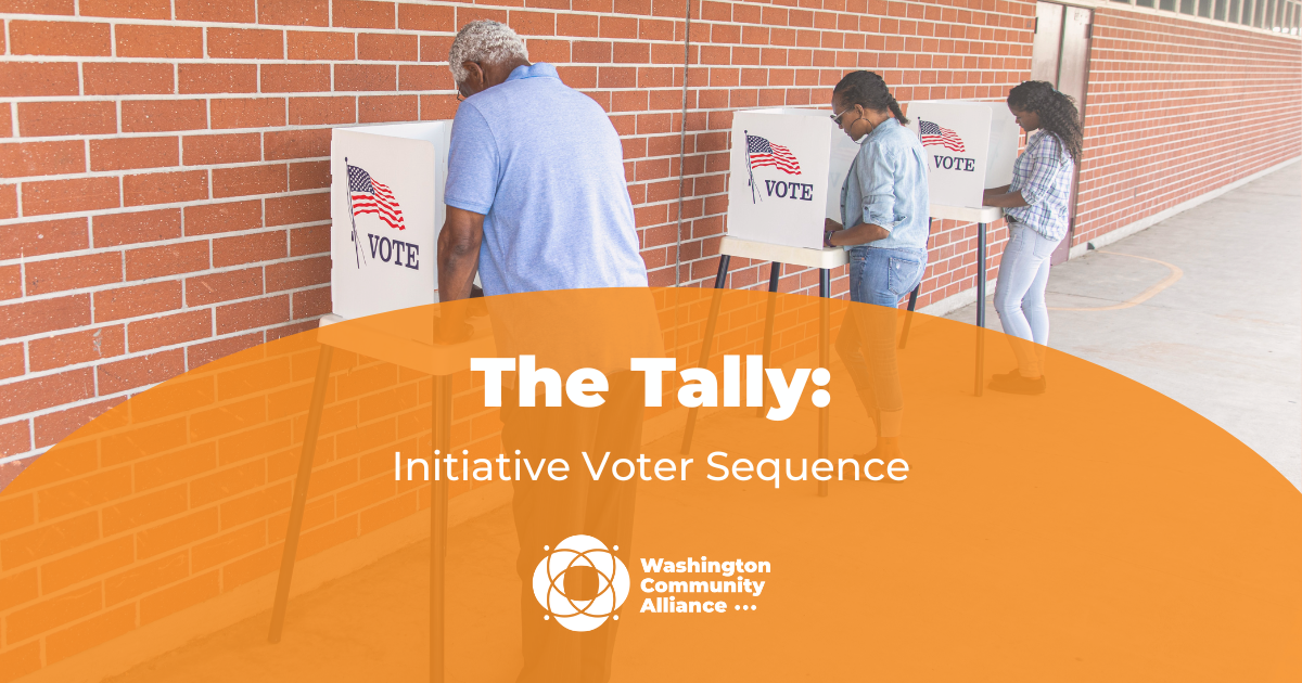 Graphic for The Tally blog titled "Initiate Voter Sequence" with a photo of three people of color voting at voting booths in front of a brick wall.