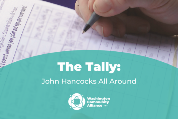 Graphic for The Tally blog titled "John Hancocks All Around" with a photo of a signature gathering sheet and a white hand signing the sheet with a black pen.