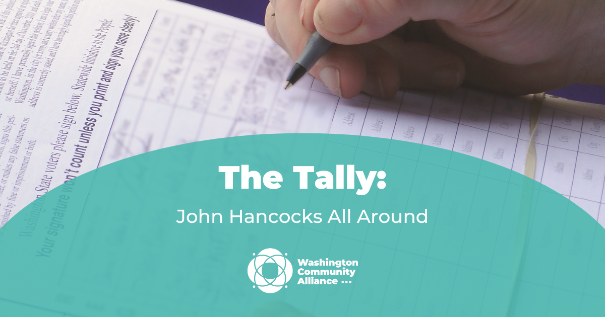 Graphic for The Tally blog titled "John Hancocks All Around" with a photo of a signature gathering sheet and a white hand signing the sheet with a black pen.